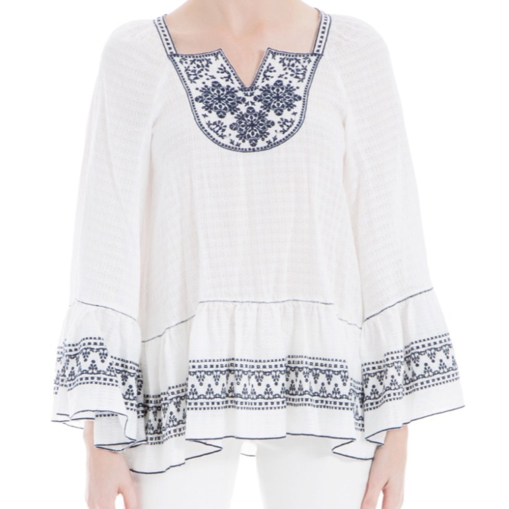 Max Studio Boho Embroidered Bell Sleeve Top S